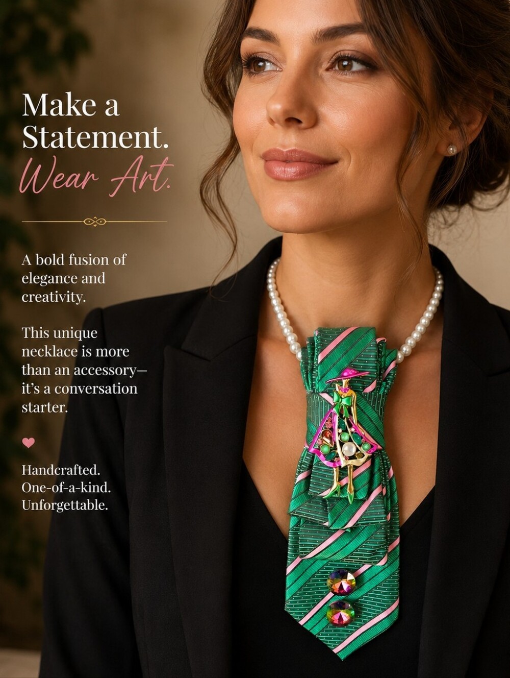 Pink, Green and Black Necktie Necklace for The Lady Of Destinction